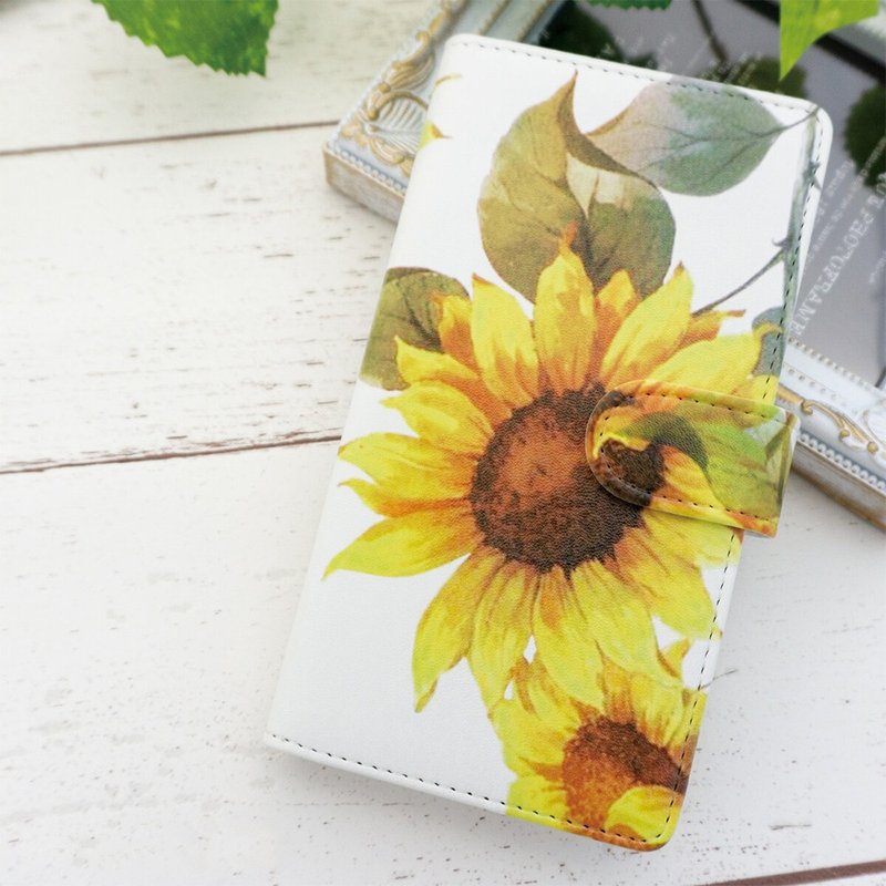 水彩风向日葵手账型手机壳 多机型对应 iPhone/Android IE16U - 手机壳/手机套 - 真皮 黄色