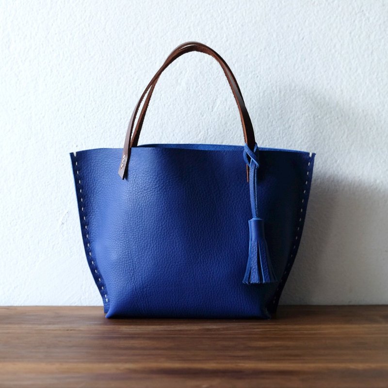 Tiny Bright Blue Tote Bag / Small Handmade Blue Handbag - 手提包/手提袋 - 真皮 蓝色