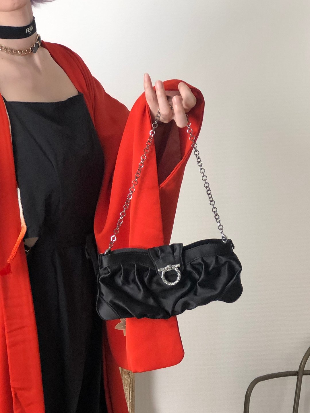 【日本直送 名牌中古包】Salvatore Ferragamo 侧肩包 Gancini 水钻 缎面 派对包 nibfdw - 侧背包/斜挎包 - 棉 黑色