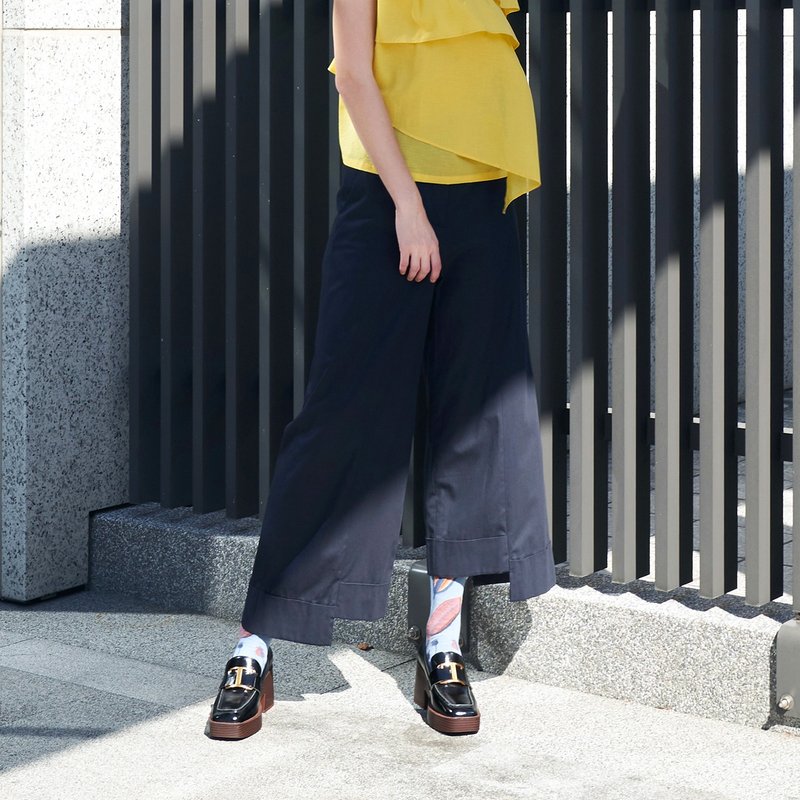 高高低低反折不对称宽裤 - 女装长裤 - 棉．麻 蓝色