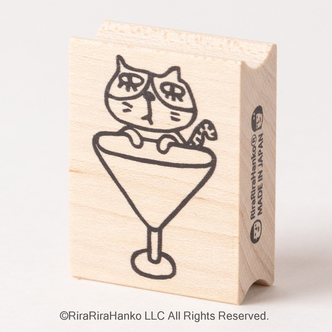 尾巴弯弯猫与鸡尾酒杯*橡皮章 30mmx40mm*R691 - 印章/印台 - 木头 