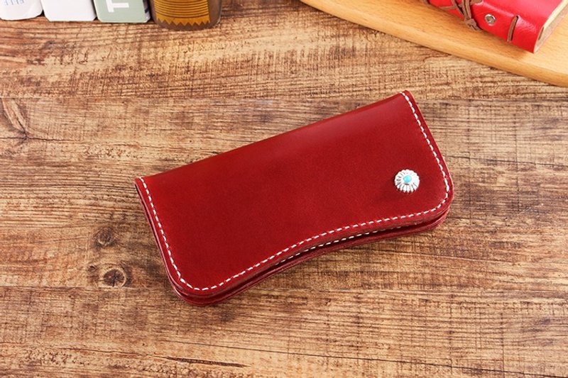 【切线派】意大利植鞣革纯手工真皮女士钱包π形长夹005款酒红色 - 皮夹/钱包 - 真皮 红色