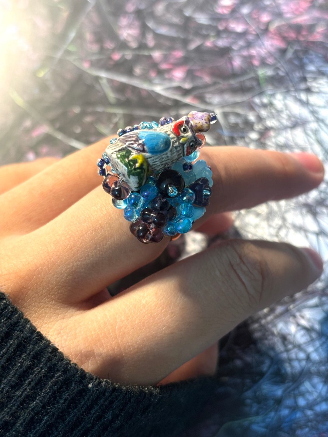 幸運貓頭鷹戒指 動物戒指 串珠戒指 手作戒指 - 戒指 - 玻璃 多色