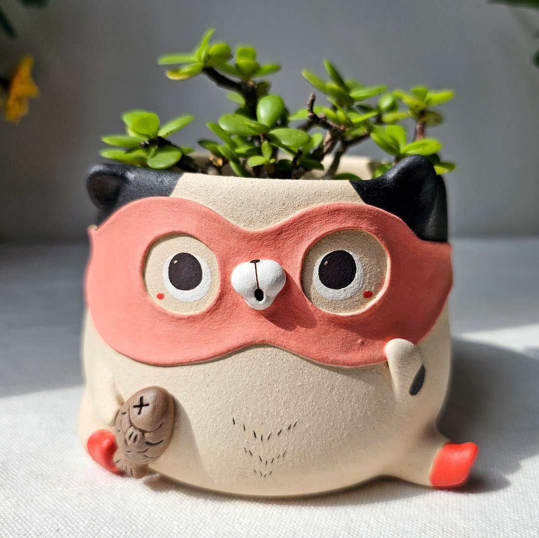 Cat plant pot, a cute fish thief. Handmade animal planter. - 花瓶/陶器 - 陶 