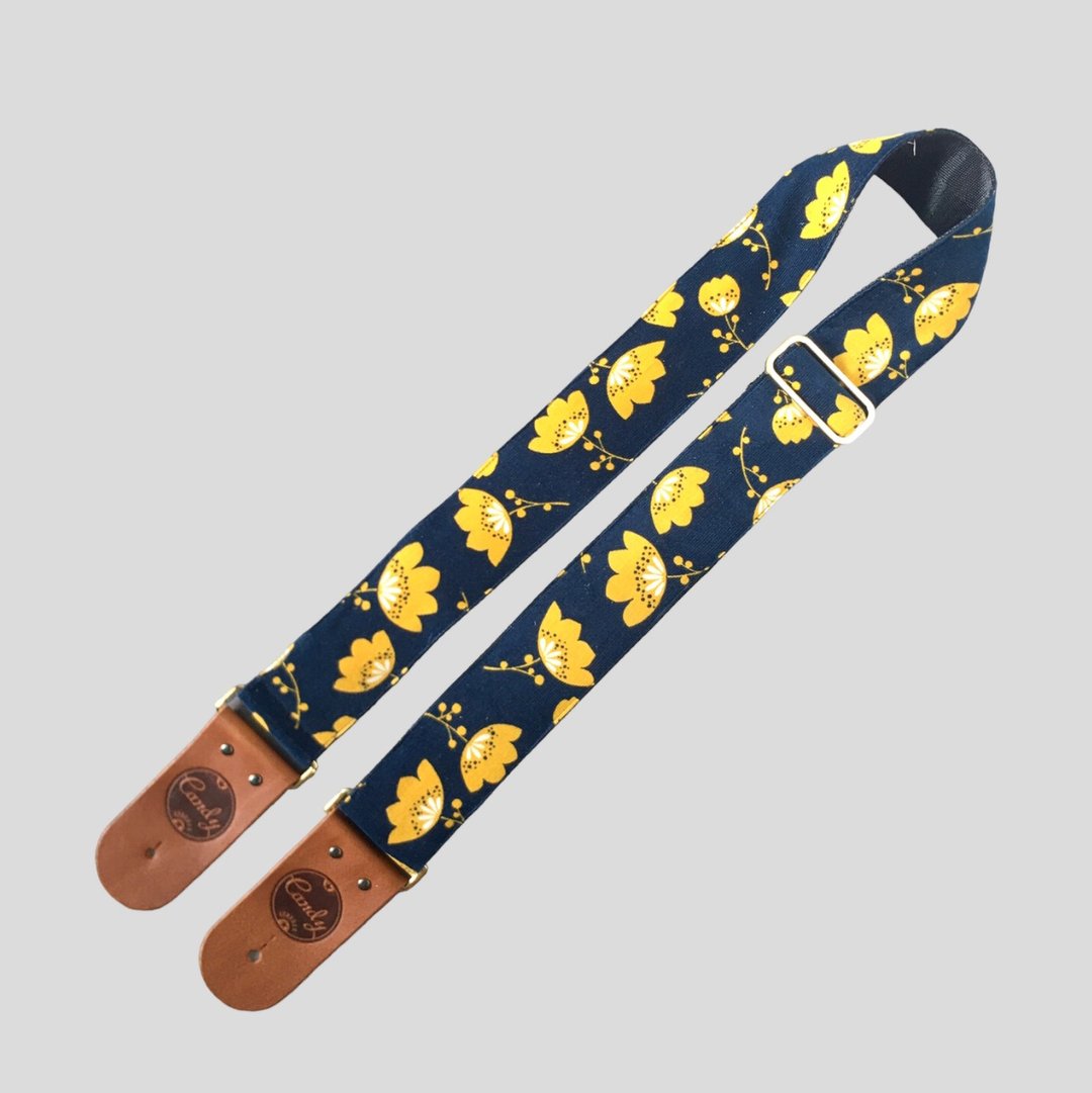 Navy Yellow Flora  Guitar Strap, Genuine Leather Guitar Strap - 其他 - 棉．麻 蓝色