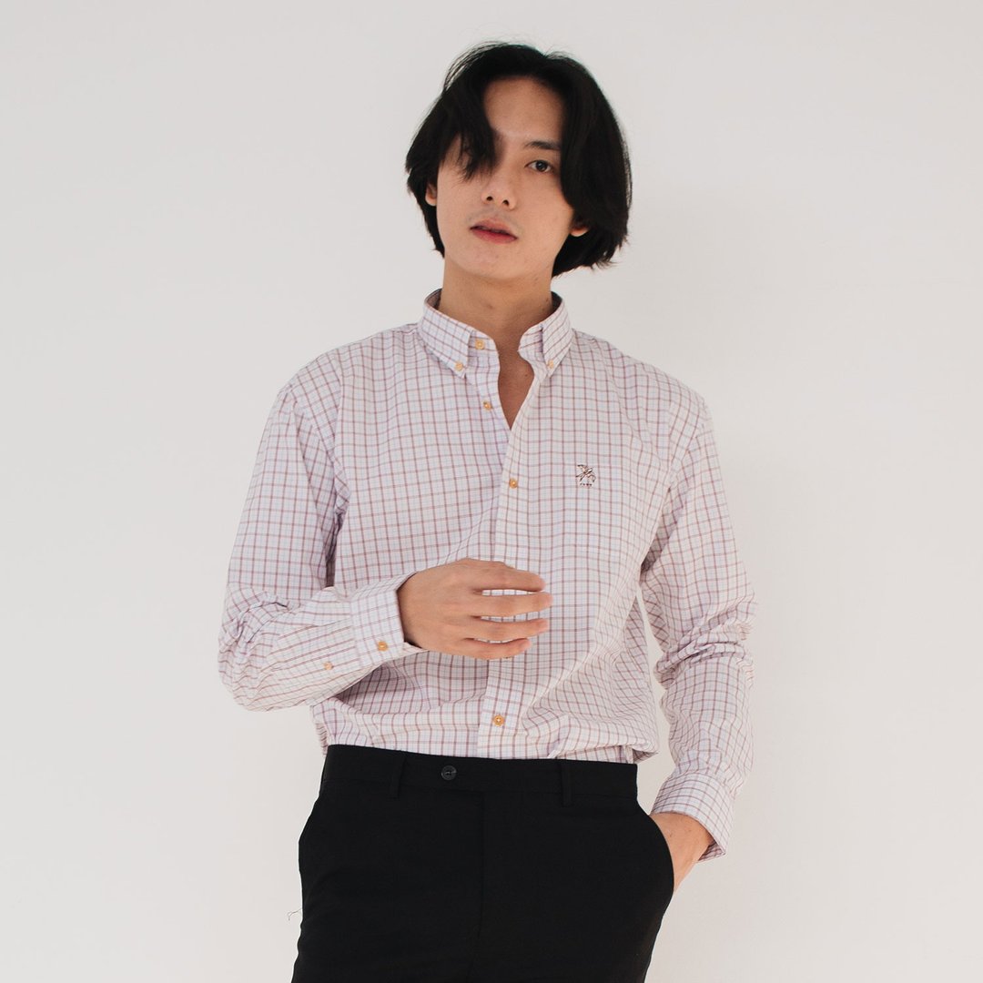 (尺寸 S, M) SWALLOW // 经典红格纹 // 男士修身款 - 男装衬衫 - 棉．麻 白色
