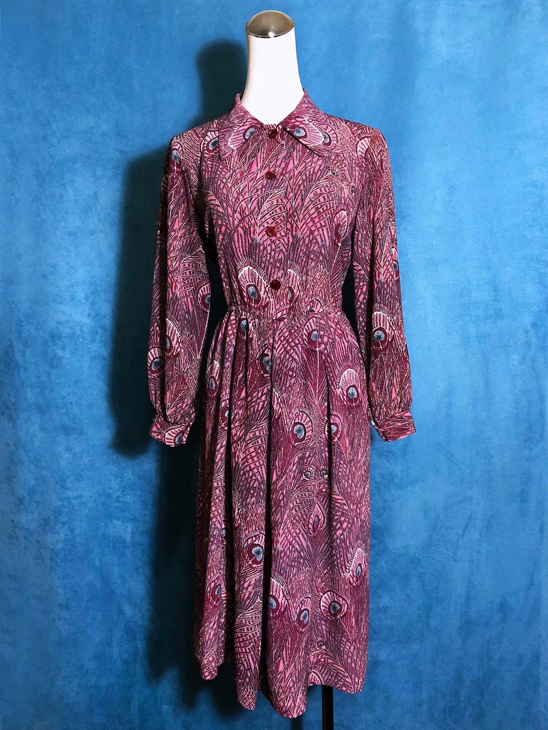 孔雀羽毛长袖轻古董洋装/ 国外带回 VINTAGE - 洋装/连衣裙 - 聚酯纤维 多色