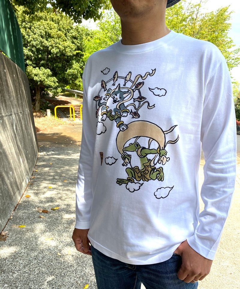 Long Sleeve T-shirt Fujin Raijin White Unisex - 女装 T 恤 - 棉 白色