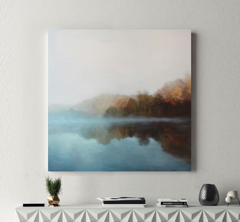 风景画 |风景油画 |画布上的河流 |晨雾 - 墙贴/壁贴 - 棉．麻 蓝色