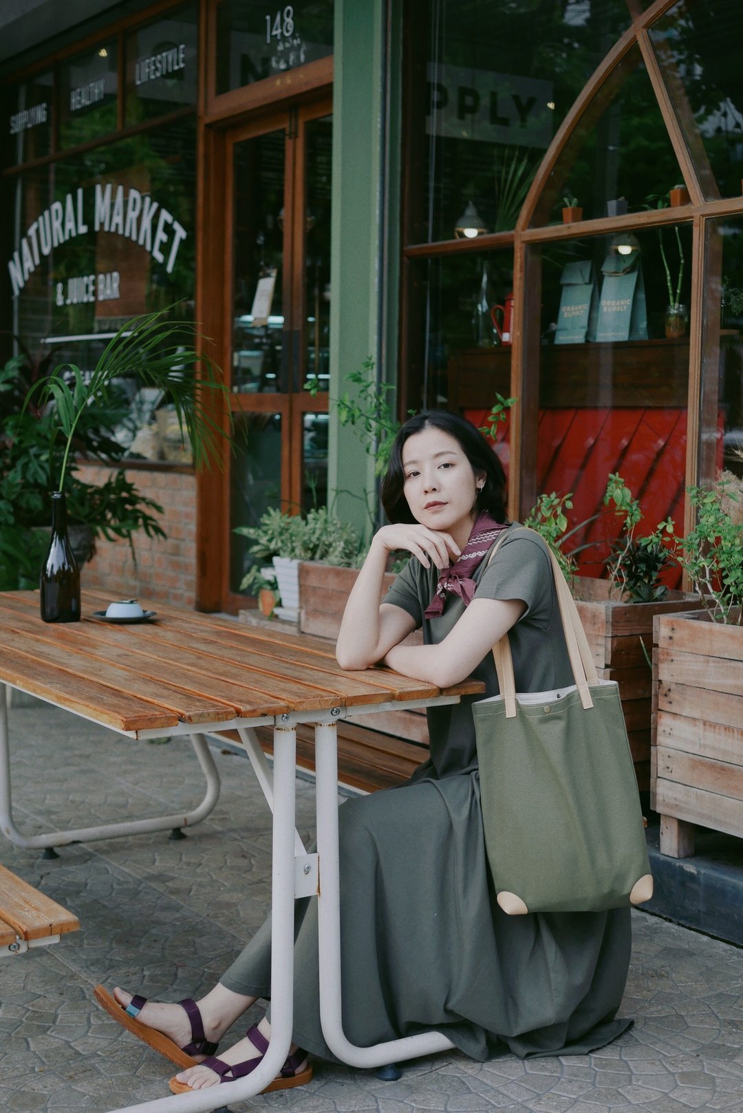 极简皮革帆布托特包-橄榄绿色 - 侧背包/斜挎包 - 棉 绿色