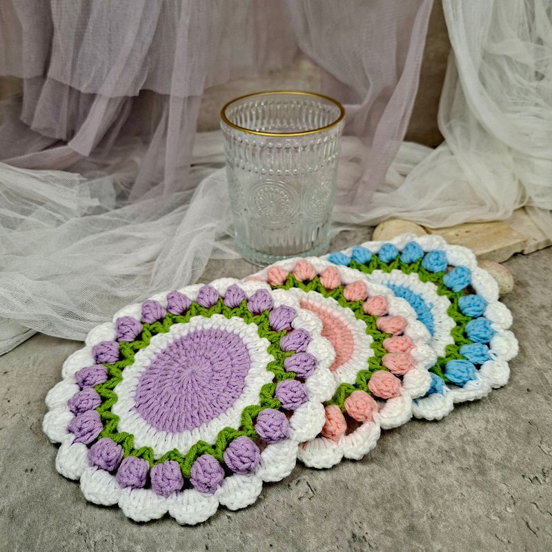 郁金香杯垫 鈎织杯垫 情人节礼物 家居摆设 生日礼物 - 杯垫 - 棉．麻 粉红色