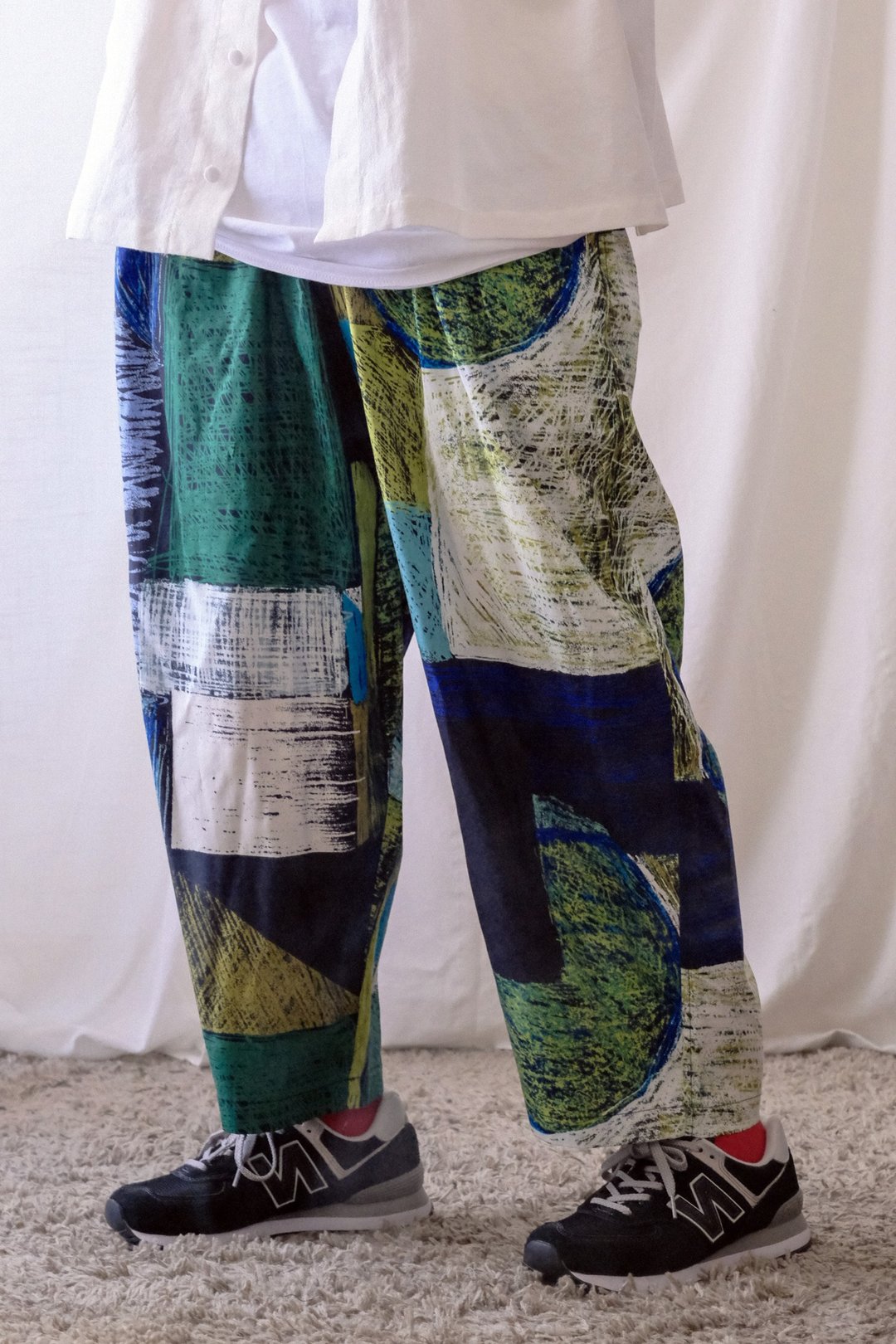 千岁绿蓝笔触画宽裤 - 女装长裤 - 棉．麻 多色