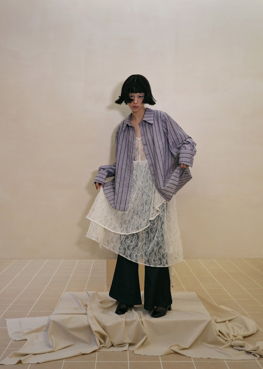 条纹衬衫 / 紫灰条纹 - 女装衬衫 - 棉 紫色