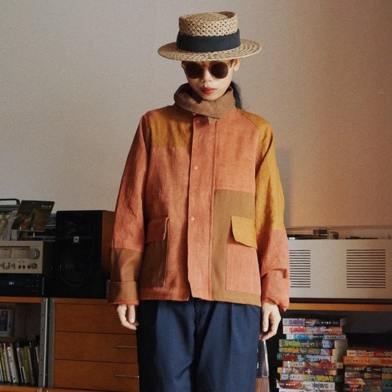 紅色礦石植物染 秋冬中性英倫夾克短外套 手織布拼布制作 - 女装休闲/机能外套 - 棉．麻 橘色