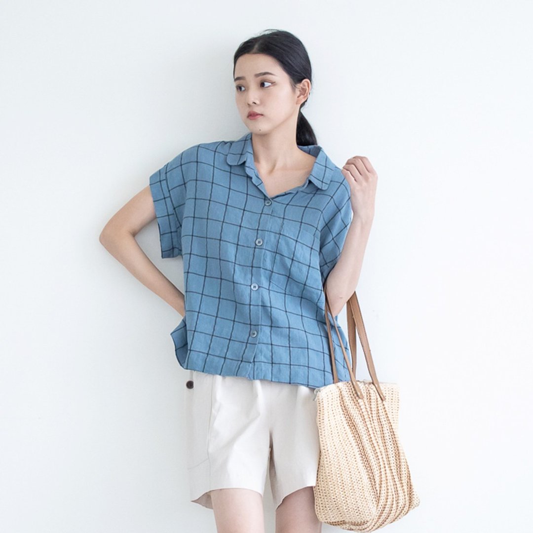 丝麻格子短衬衫 蓝 F - 女装上衣 - 棉．麻 蓝色