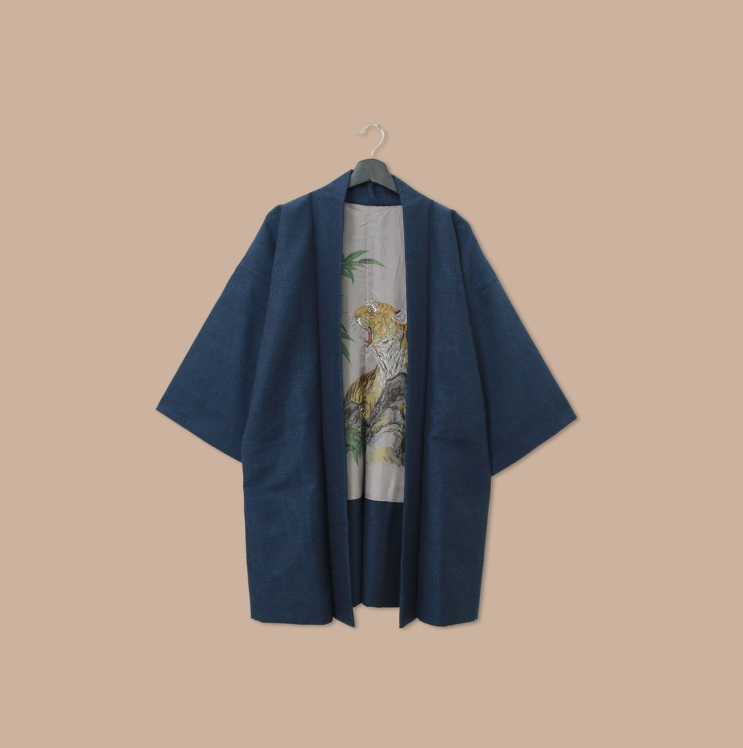 Back to Green-日本男款羽织 林中 石 虎M-08/vintage kimono - 男装外套 - 丝．绢 