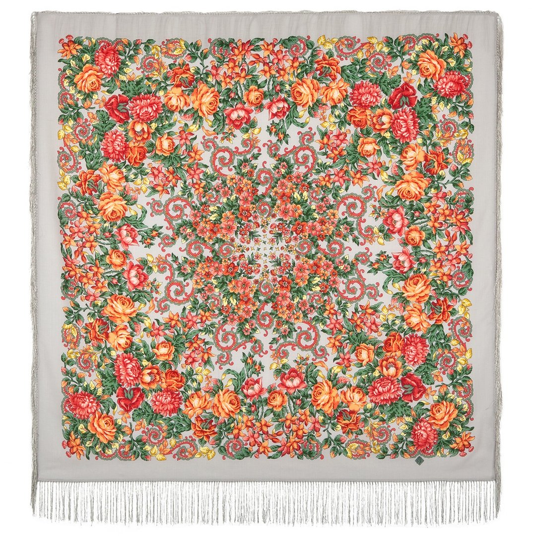 Pavlovo Posad 俄罗斯羊毛披肩 100% 羊毛围巾 125x125 厘米 丝绸流苏 511-1 - 丝巾 - 羊毛 灰色