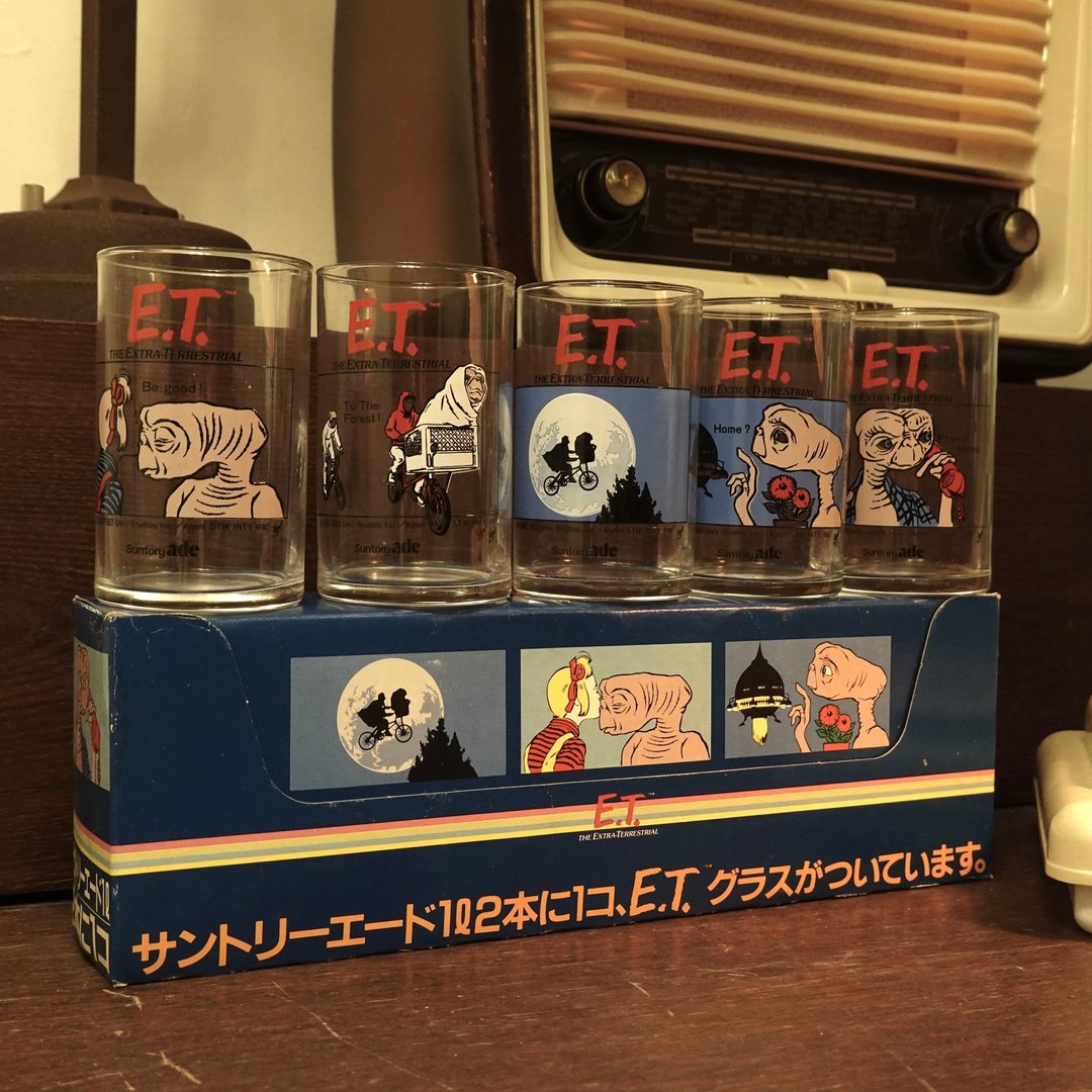 1982年 Suntory 三得利 E.T 玻璃杯组 日本昭和 复古 老电影 - 玻璃杯 - 玻璃 多色
