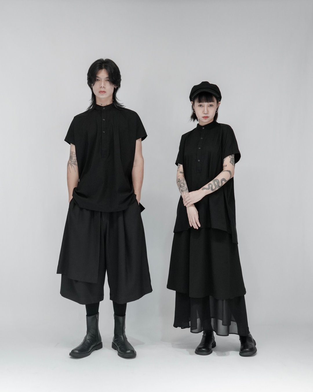 MUKK DESIGN 立领开扣半袖衬衫 - 男装衬衫 - 聚酯纤维 黑色