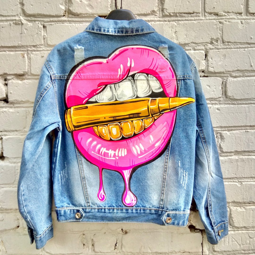 Painted denim jacket, handmade jacket, custom jacket, bullet lips Gift - 女装休闲/机能外套 - 棉 多色