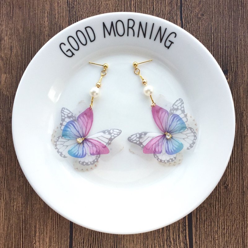 ❤️【任意2件9折！】❤️【耳夹/耳针】❤️原創手工真丝薄纱蝴蝶耳环珍珠耳环水钻耳環 - 耳环/耳夹 - 其他材质 白色