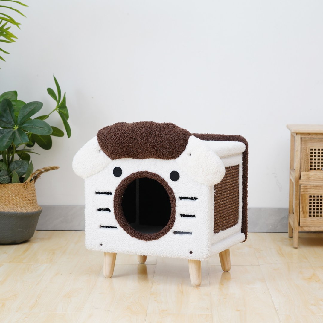 展品出售│【美国Petpals】大嘴毛绒怪猫窝 - 抓板/跳台 - 棉．麻 白色