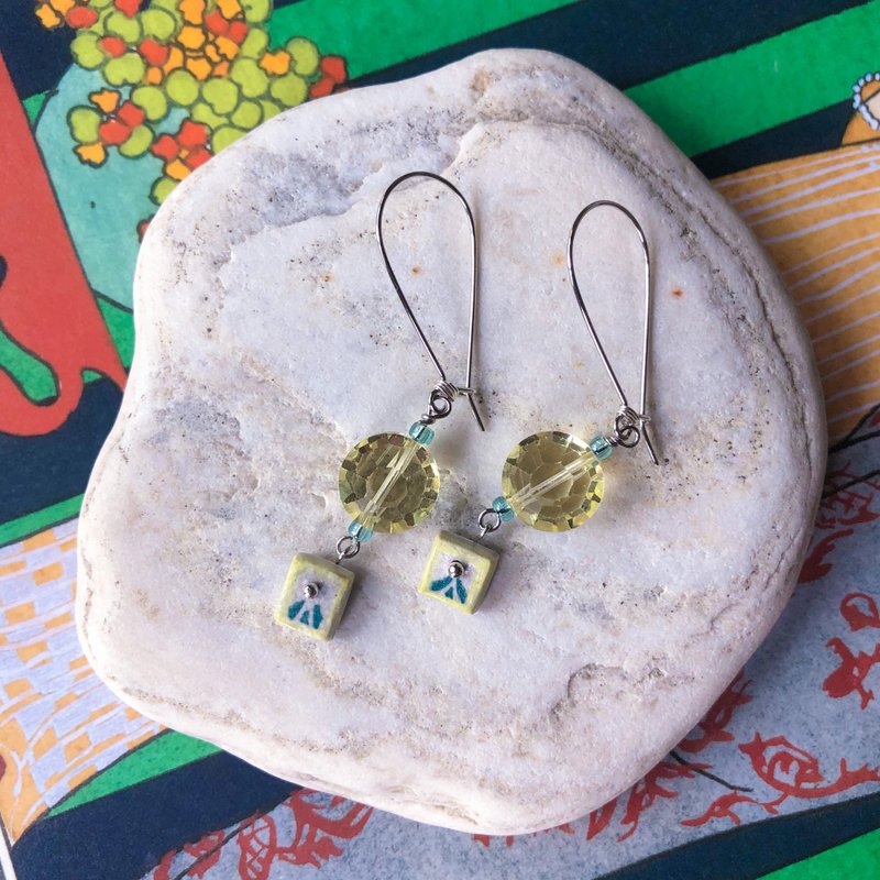 陶瓷x玻璃 耳环 柠檬糖霜晶 Ceramic and Glass Accessory - 耳环/耳夹 - 陶 黄色