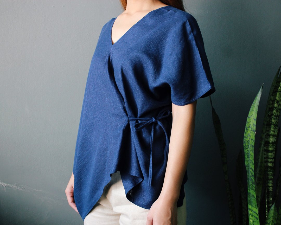 Caren : Navy Blue Asymmetric V-neck Cotton Wrapped Top - 女装上衣 - 棉 蓝色