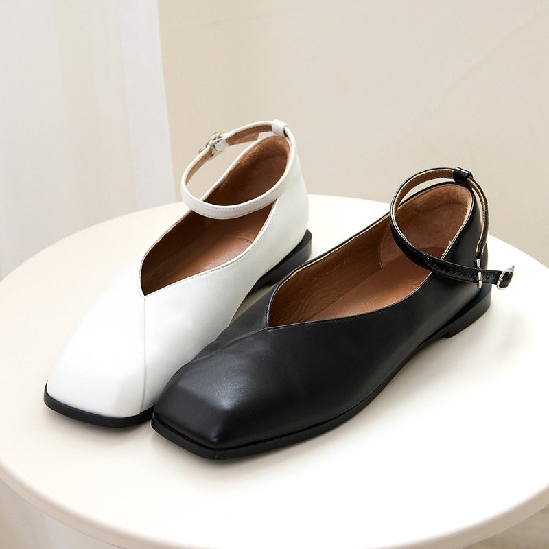 Nora 方头踝带平底鞋 MIT 款 (两色) 真皮 女鞋 皮鞋 低跟鞋 - 芭蕾鞋/娃娃鞋 - 真皮 白色