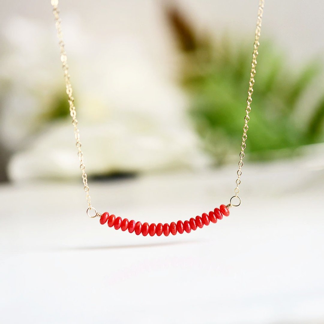 Lucky Red Coral Smile Necklace March Birthstone with 5cm Adjuster - 项链 - 宝石 红色
