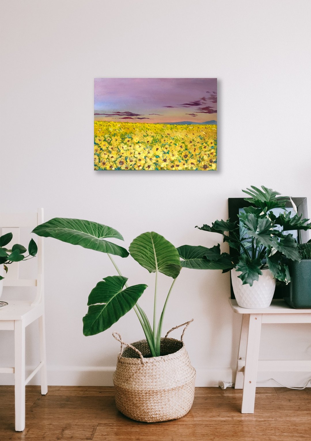 Sunflower field in Lavender sky.Acrylic painting on canvas.Size30x40cm - 墙贴/壁贴 - 棉 黄色