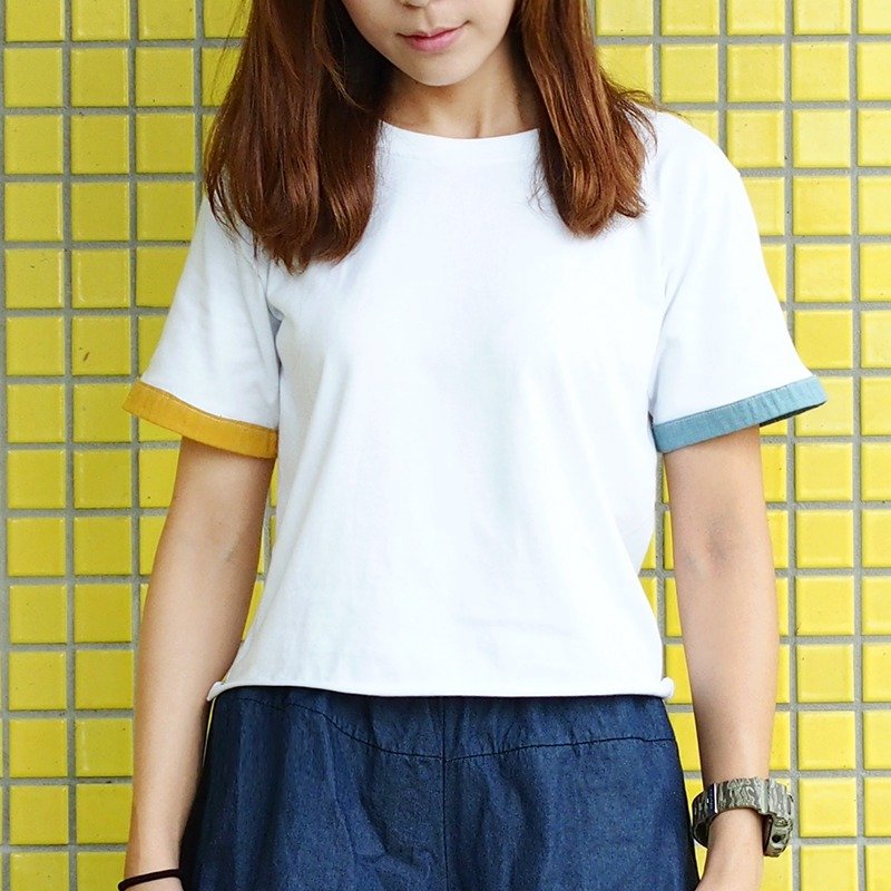 小牛村 女短袖 T-shirt 短版 拼色【童趣时光】芥黄/湖水蓝 T-17 - 女装 T 恤 - 棉．麻 白色