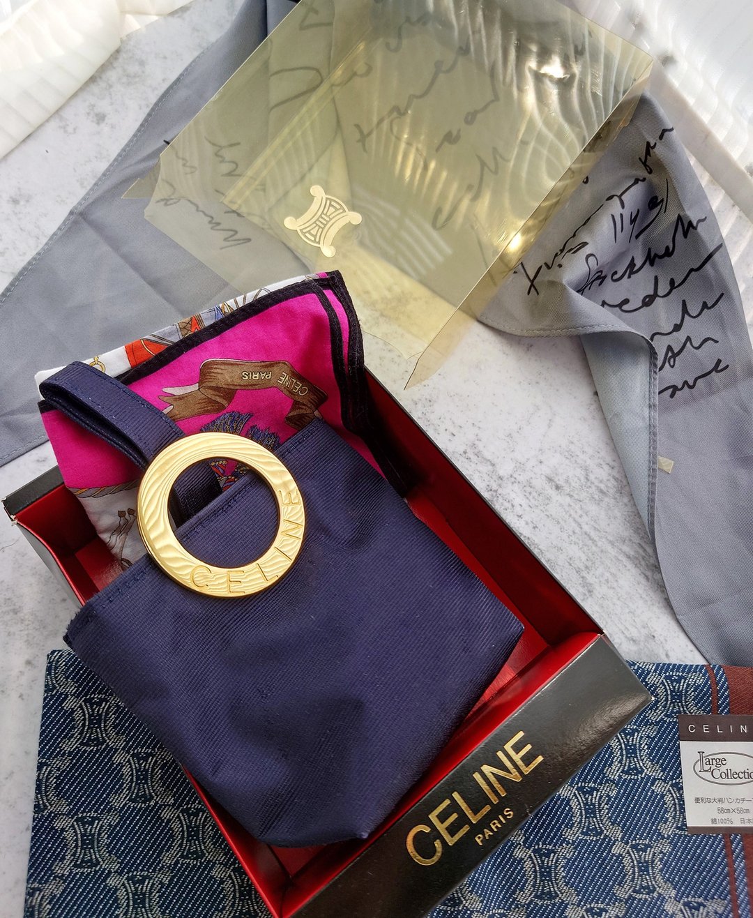 中古礼盒装 CELINE 大金环 收纳袋手拿包化妆包 毛巾方巾手巾手帕 - 化妆包/杂物包 - 棉 蓝色