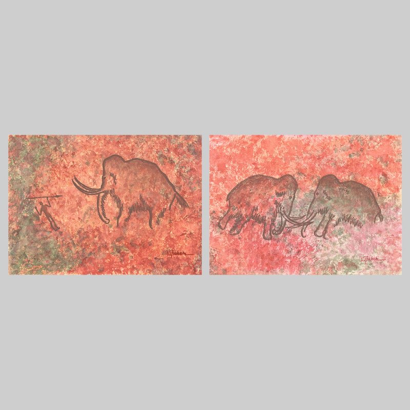 猛犸象狩猎画内部史前艺术水彩画末粉彩画 - 海报/装饰画/版画 - 纸 红色