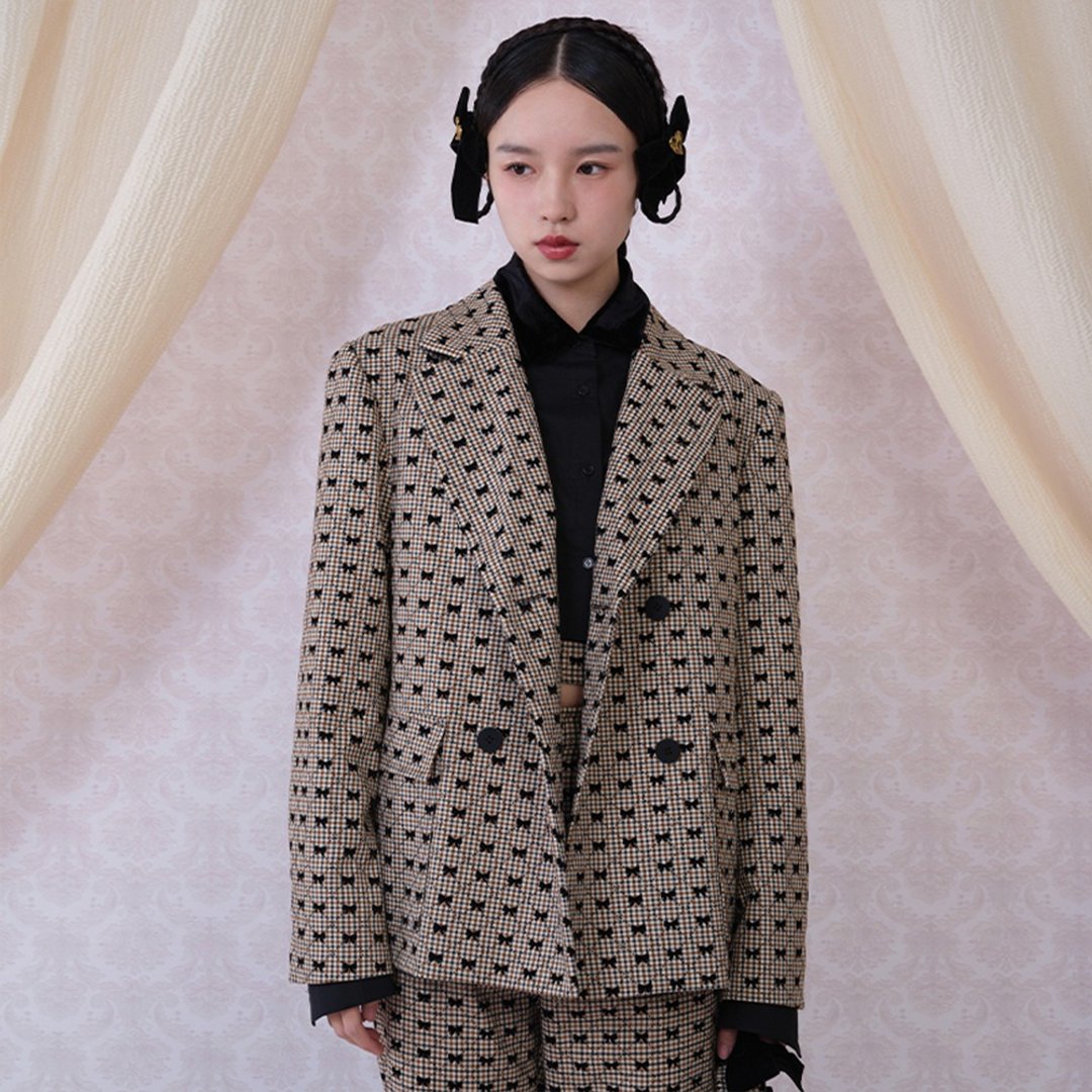 MOF礼物商店 千鸟格 丝绒蝴蝶结西装外套 - 女装上衣 - 棉．麻 