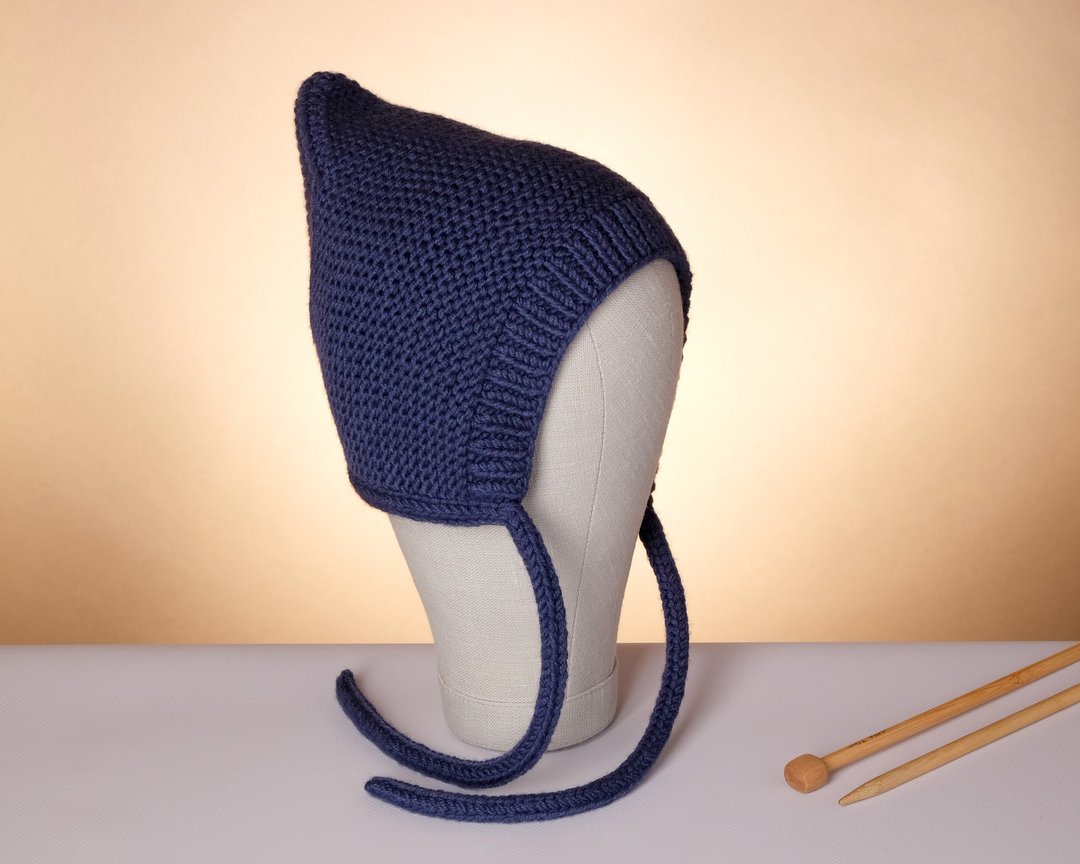 Blue elf warm baby hat. Woolen knitted children cap. Non-prickly wool hat. - 婴儿帽/发带 - 羊毛 蓝色