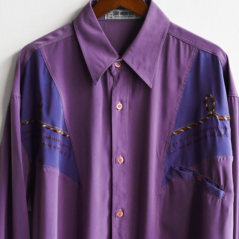 【蛋植物古着】光紫扭结刺绣宽松古着衬衫 - 女装衬衫 - 其他人造纤维 紫色