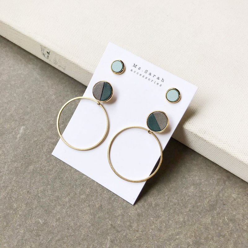 皮革圆框套组_黄铜几何圆_灰白搭松柏绿(可改夹) - 耳环/耳夹 - 真皮 灰色