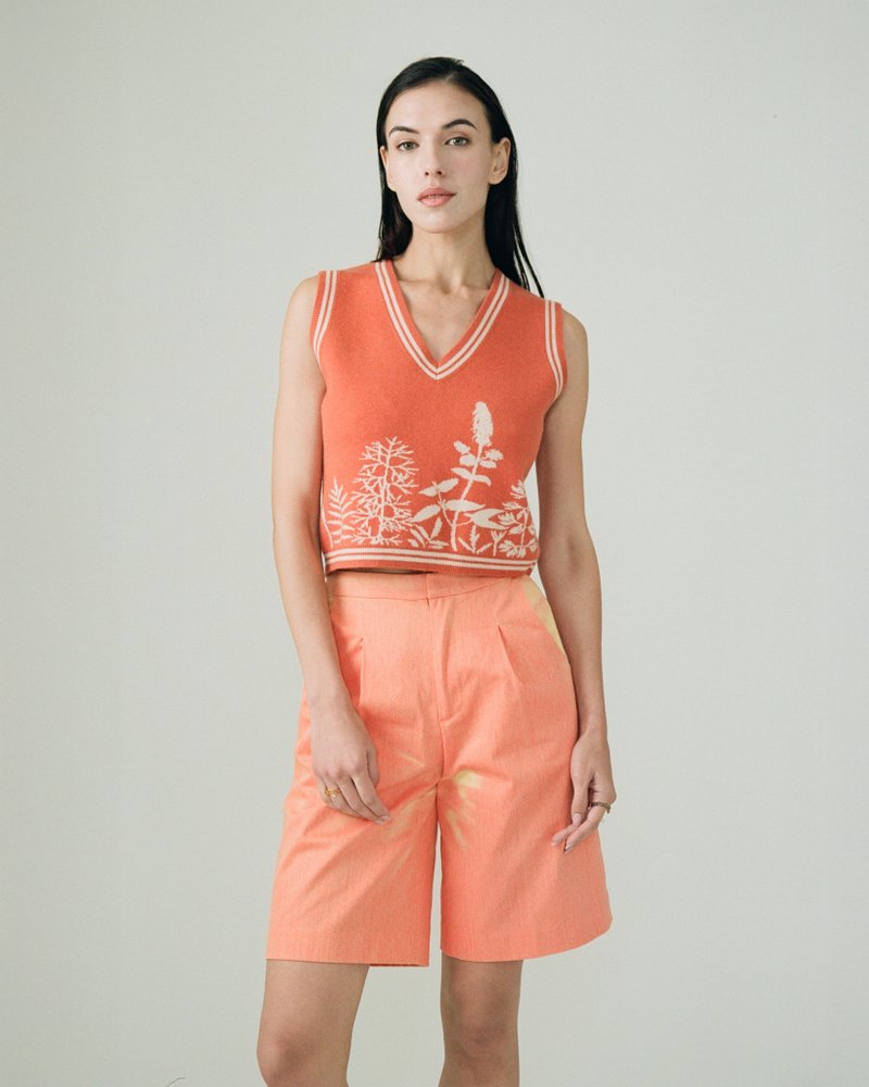 植物图案橙色羊毛冷背心 - 女装针织衫/毛衣 - 羊毛 橘色