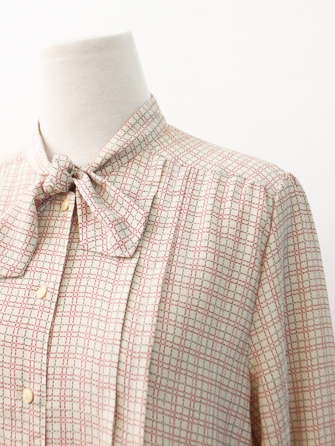 复古日本制素雅可爱米色格子格纹古着衬衫 Japanese Vintage Blouse - 女装衬衫 - 聚酯纤维 黄色