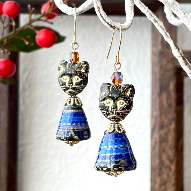 福々猫耳饰 蓝色 耳针 纸珠 医疗级不锈钢 个性化 和纸 轻巧 日本制造 圣诞节包装 - 耳环/耳夹 - 纸 蓝色