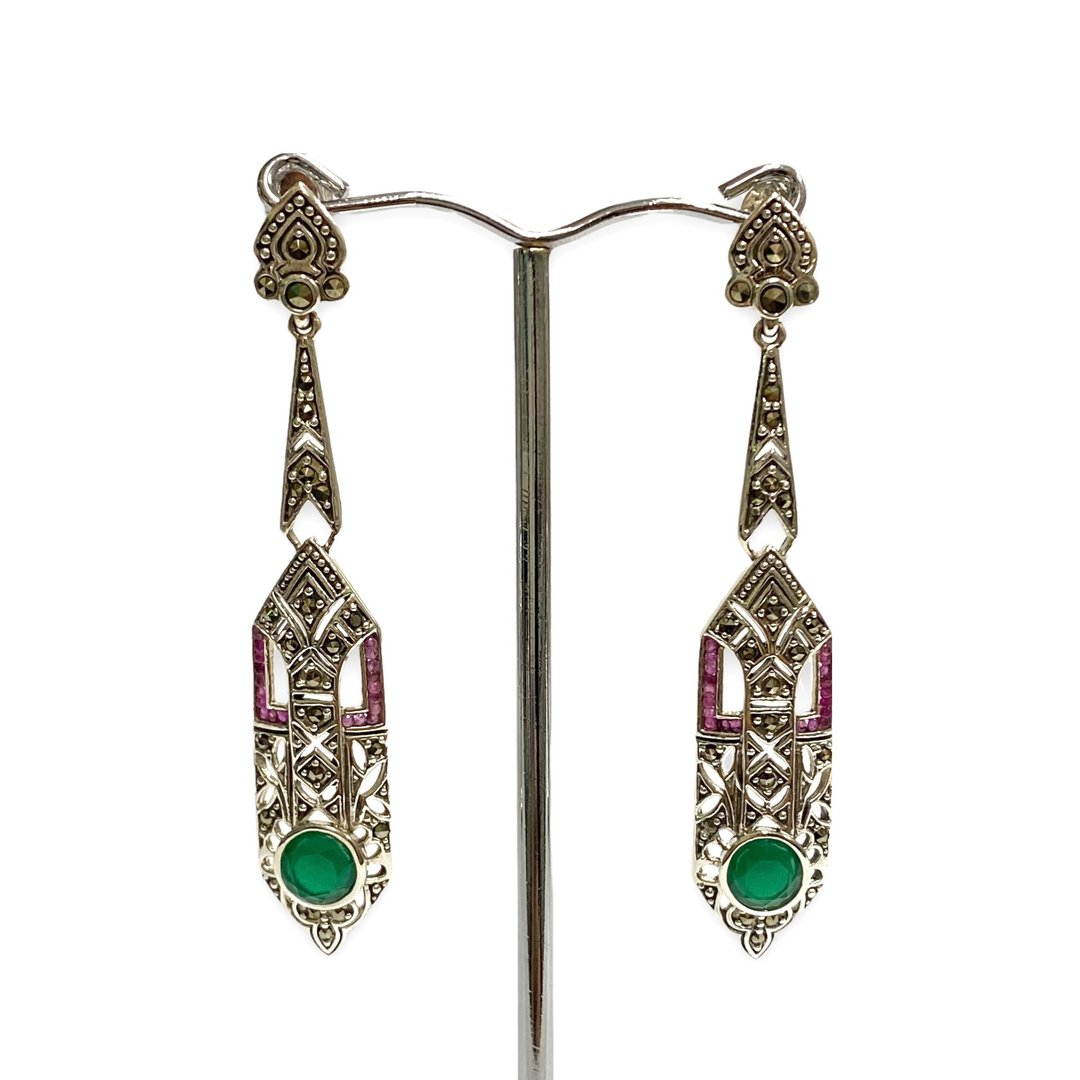 Art Deco Style Emerald with Marcasite Long Drop Earrings 925 Sterling Silver - 耳环/耳夹 - 纯银 红色