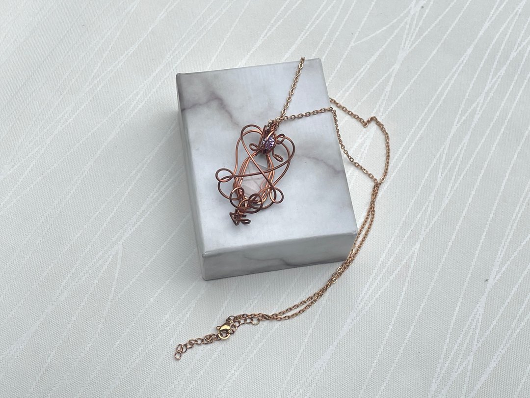 #230616 wire wrapping 粉晶 铜线 绕线 吊堕 - 项链 - 铜/黄铜 粉红色