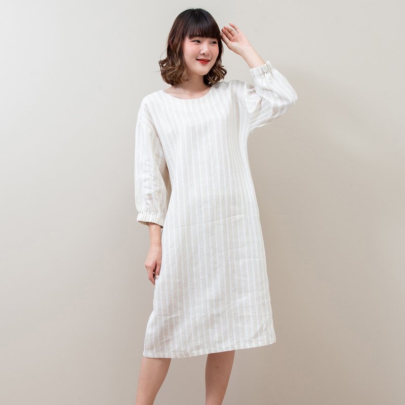 Half Sleeve Elastic Cuff Dress (Beige Striped) - 洋装/连衣裙 - 亚麻 卡其色