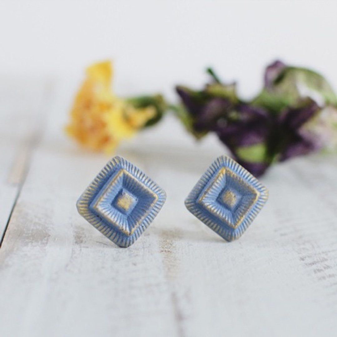 Oven clay earrings, Rhombus, Bluegray - 耳环/耳夹 - 陶 蓝色