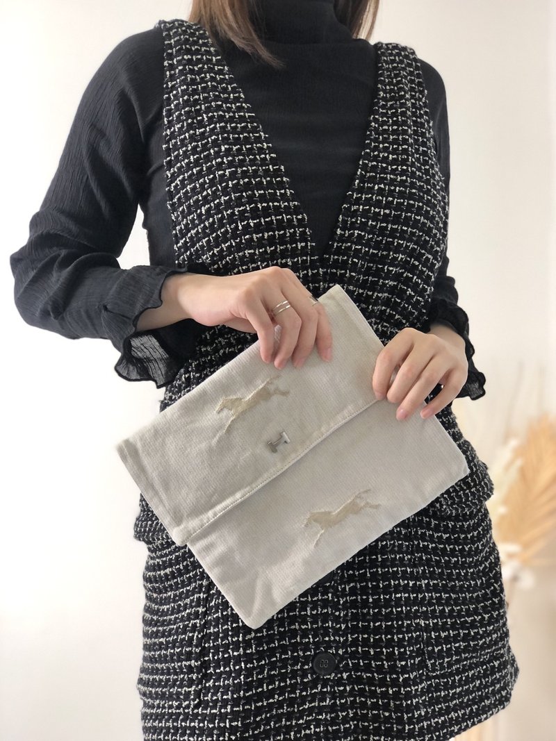 【 日本直送 名牌中古包 】HERMES 爱马仕 H Logo 帆布 手拿包 白色 vintage 古董 ui7ee4 - 手拿包 - 棉．麻 白色