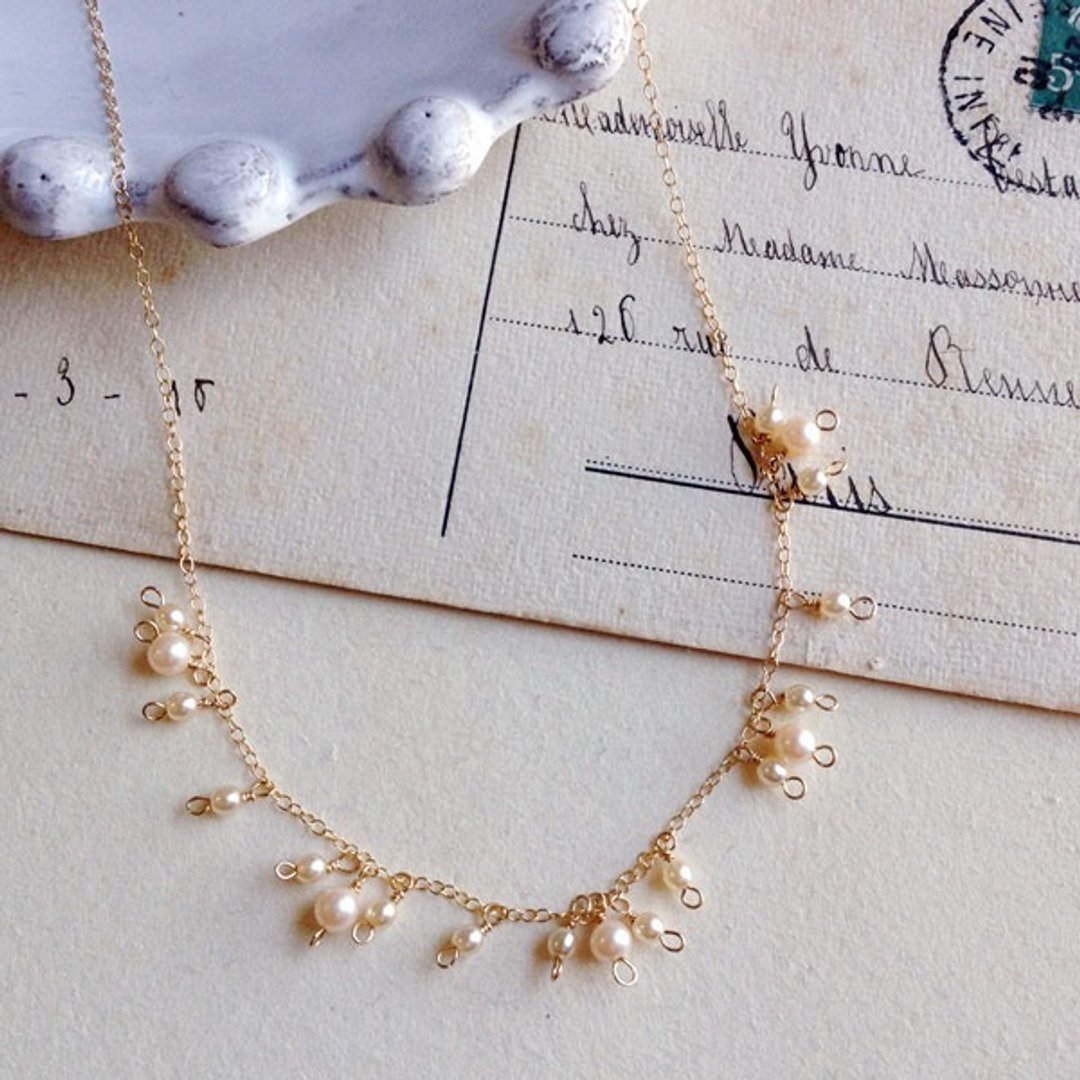 14kgf Vintage Pearl Flower Necklace - 项链 - 玻璃 白色