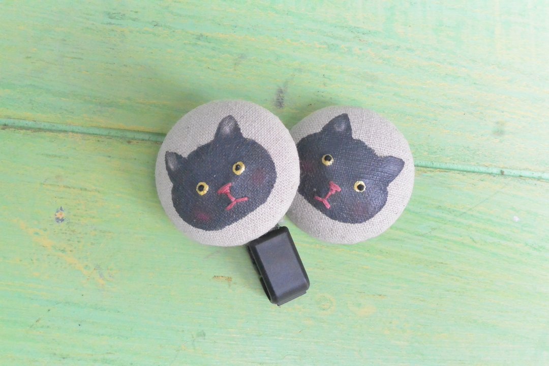 手绘猫咪伸缩票夹＆别针 - 证件套/卡套 - 棉．麻 灰色