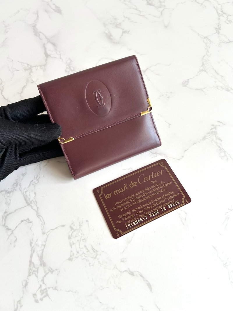 绝版古董包 Cartier酒红色钱包 皮夹 短夹零钱包 口金包 中古二手 - 皮夹/钱包 - 真皮 红色