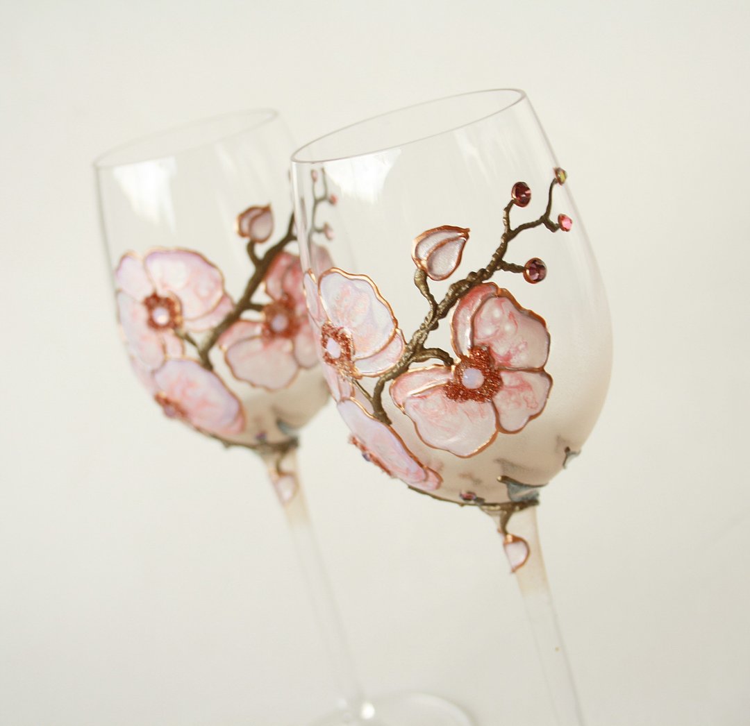 Pink Orchid Swarovski Wine Glasses hand-painted set of 2 - 酒杯/酒器 - 玻璃 粉红色